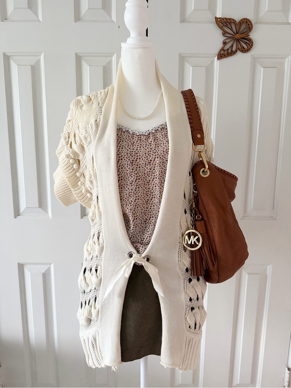 Banana Republic Cream Open-Weave Tie-Front Cardigan